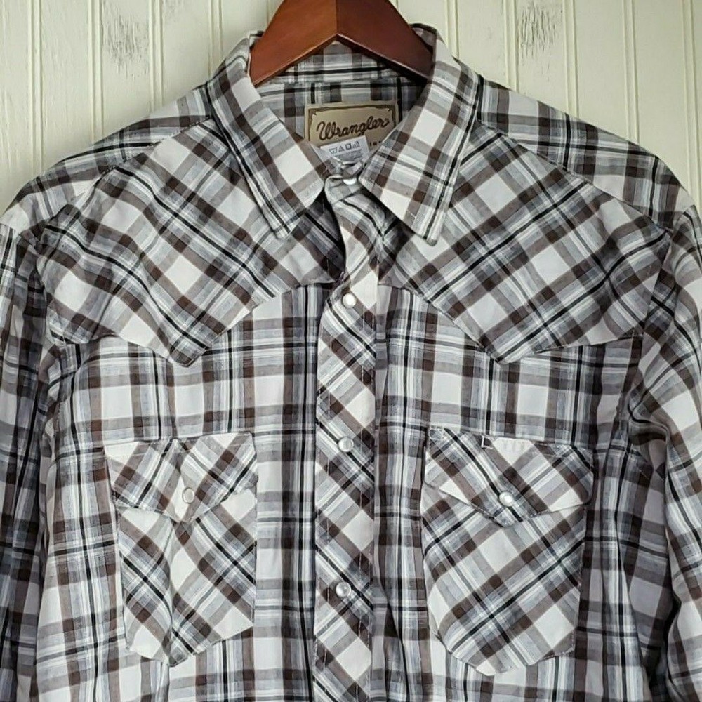 Wrangler Shirt Mens Large White Brown Plaid Long Sleeve Western Snap Pockets